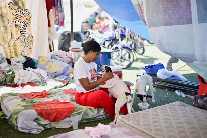 A woman plays with a dog at a temporary shelter in the aftermath of the earthquakes in La Guaira, Venezuela, June 29, 2026. REUTERS/Maxwell Briceno