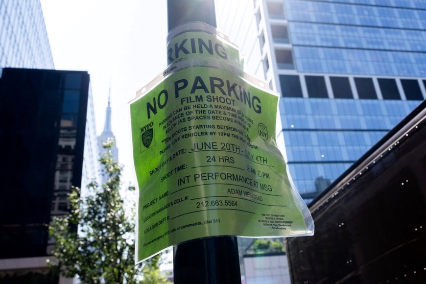 An NYPD No Parking sign is attached to a pole outside of Madison Square Garden, in New York City, U.S., July 1, 2026. REUTERS/Adam Gray