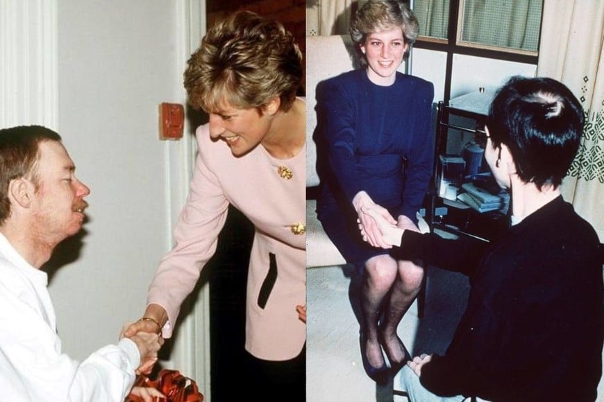 Lady Diana en Toronto (1991) y Londres (1987), ofreciendo sus manos temblorosas y sin guantes a pacientes con VIH. Getty images