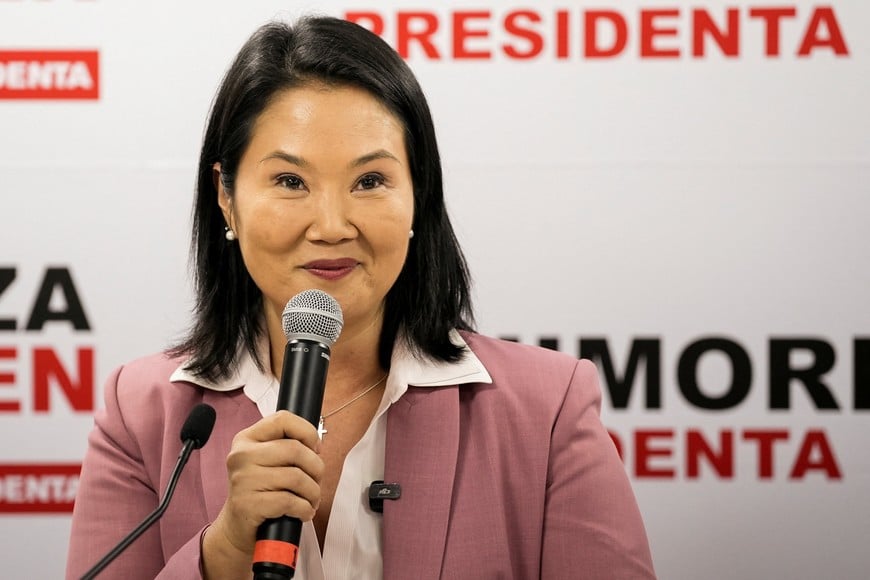 Peru's conservative Keiko Fujimori addresses the media at her party's Popular Force headquarters, after she narrowly defeated leftist congressman Roberto Sanchez in the Peruvian presidential election, ahead of the official result announcement, in Lima, Peru, June 24, 2026. REUTERS/Angela Ponce