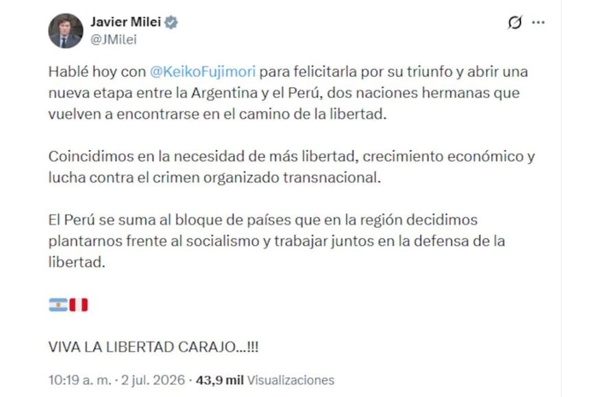 A través de sus canales oficiales, el presidente Milei expresó que la Argentina y el Perú "vuelven a encontrarse en el camino de la libertad".