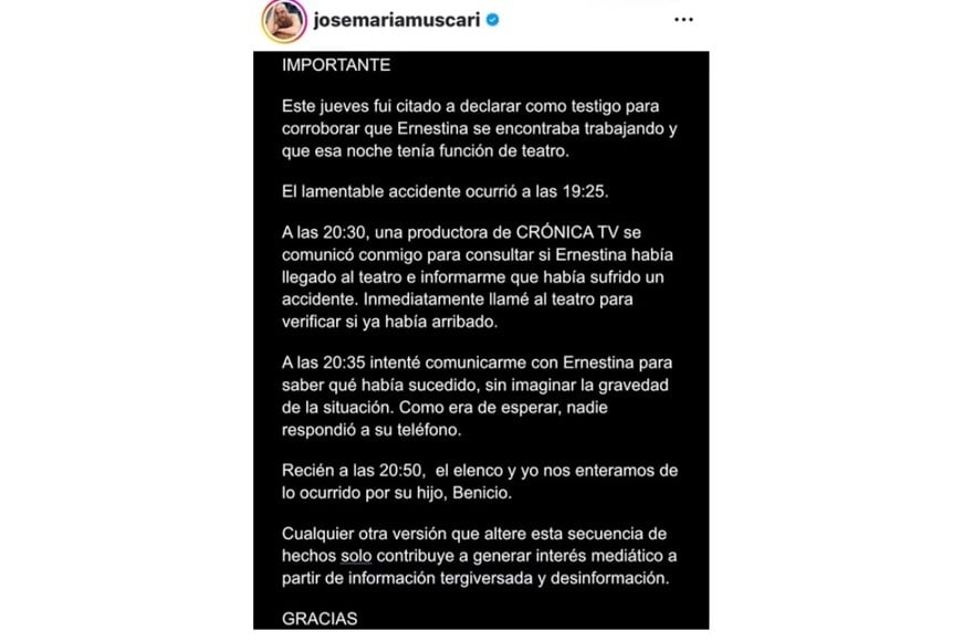 El comunicado de Muscari en sus redes sociales. Foto: NA.