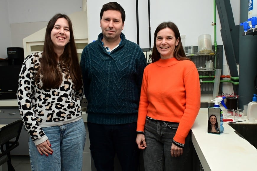 Fiorella Jacob, Diego Mercanti y, Mariángeles Briggiler en el laboratorio. En la pantalla y desde Valencia (España), Silvina Pujato. Crédito: Flavio Raina