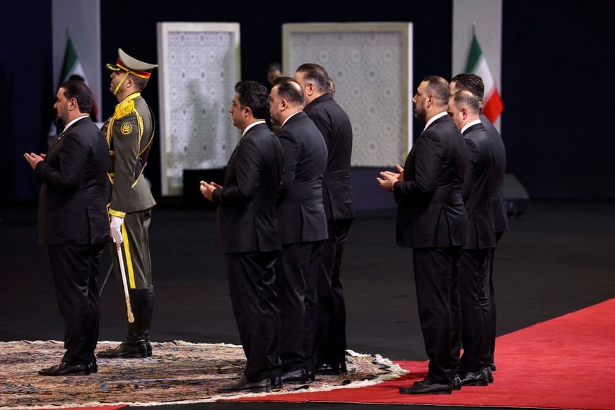 Iraqi Parliament Speaker Haibat al Halbousi attends a farewell ceremony for Iran's late Supreme Leader Ayatollah Ali Khamenei, who was killed on February 28 during Israeli and U.S. airstrikes on Iran, for international delegates at the Imam Khomeini Grand Mosalla in Tehran, Iran, July 3, 2026. Majid Asgaripour/WANA (West Asia News Agency) via REUTERS
ATTENTION EDITORS - THIS PICTURE WAS PROVIDED BY A THIRD PARTY. ISRAEL OUT. NO COMMERCIAL OR EDITORIAL SALES IN ISRAEL. NO ACCESS FOR ISRAELI MEDIA. NO USE BBC PERSIAN. NO USE VOA PERSIAN. NO USE MANOTO. NO USE IRAN INTERNATIONAL. NO USE RADIO FARDA. DIGITAL: NO USE BBC PERSIAN. NO USE VOA PERSIAN. NO USE MANOTO. NO USE IRAN INTERNATIONAL. NO USE RADIO FARDA.
REFILE - CORRECTING ID FROM "IRAQI PRIME MINISTER ALI AL-ZAIDI" TO "IRAQI PARLIAMENT SPEAKER HAIBAT AL HALBOUSI"