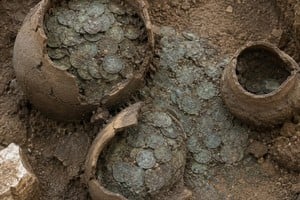 Arqueólogos encontraron tres vasijas enterradas con más de 40.000 monedas. Imagen ilustrativa.