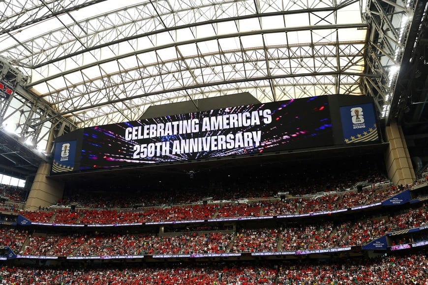 Soccer Football - FIFA World Cup 2026 - Round of 16 - Canada v Morocco - Houston Stadium, Houston, Texas, U.S. - July 4, 2026
A big screen displays a message inside the stadium before the match as the United States celebrates its 250th anniversary on Independence Day REUTERS/Kai Pfaffenbach TPX IMAGES OF THE DAY