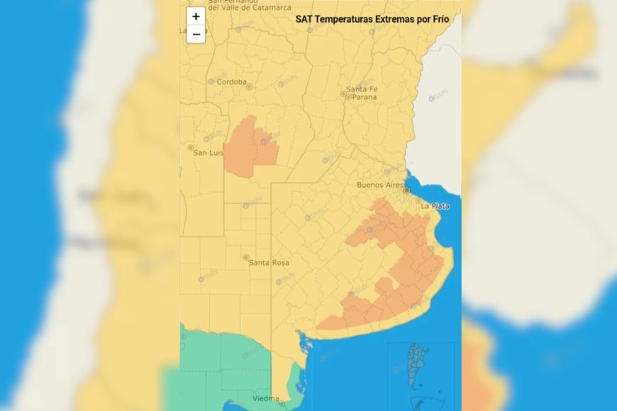 El mapa de alertas por bajas temperaturas que rige este sábado en Argentina.
