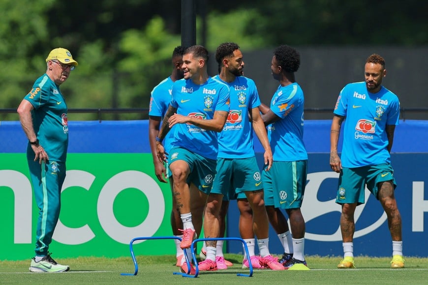 Soccer Football - FIFA World Cup 2026 - Brazil Training - Columbia Park Training Facility, Morristown, New Jersey, U.S. - July 2, 2026
Brazil coach Carlo Ancelotti, Bruno Guimaraes and teammates during training IMAGN IMAGES via Reuters/Caean Couto
