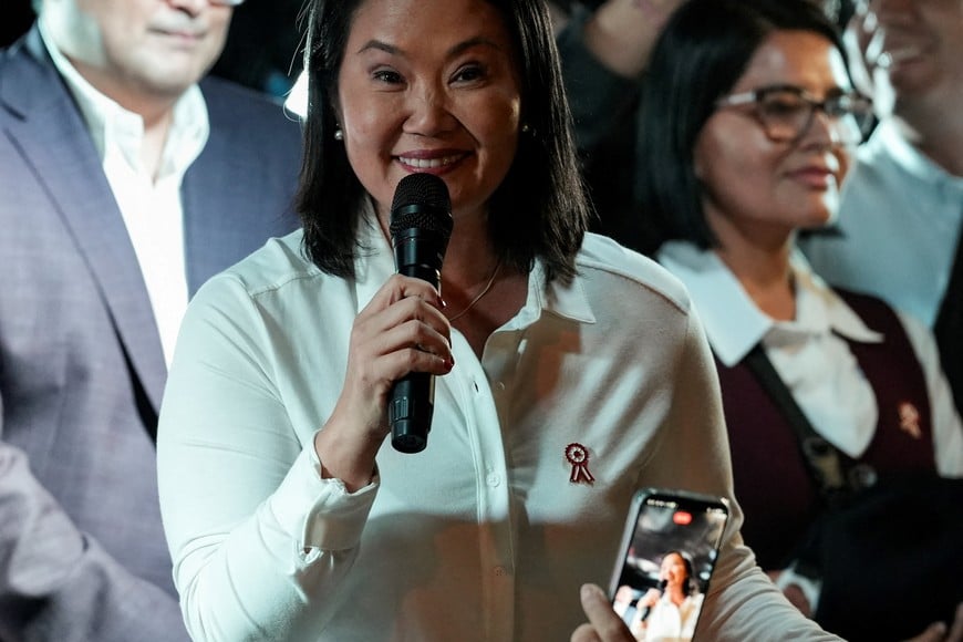 Peru's President-elect Keiko Fujimori addresses supporters outside her party's Popular Force headquarters, after she was officially declared the winner of Peru's presidential race by the country's electoral office, in Lima, Peru, July 3, 2026. REUTERS/Angela Ponce