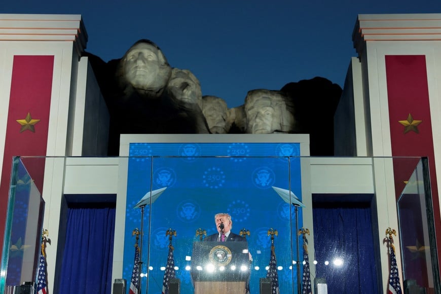 U.S. President Donald Trump delivers remarks during a celebration for the 250th anniversary of U.S. independence, at Mount Rushmore in Keystone, South Dakota, U.S., July 3, 2026. REUTERS/Kylie Cooper
