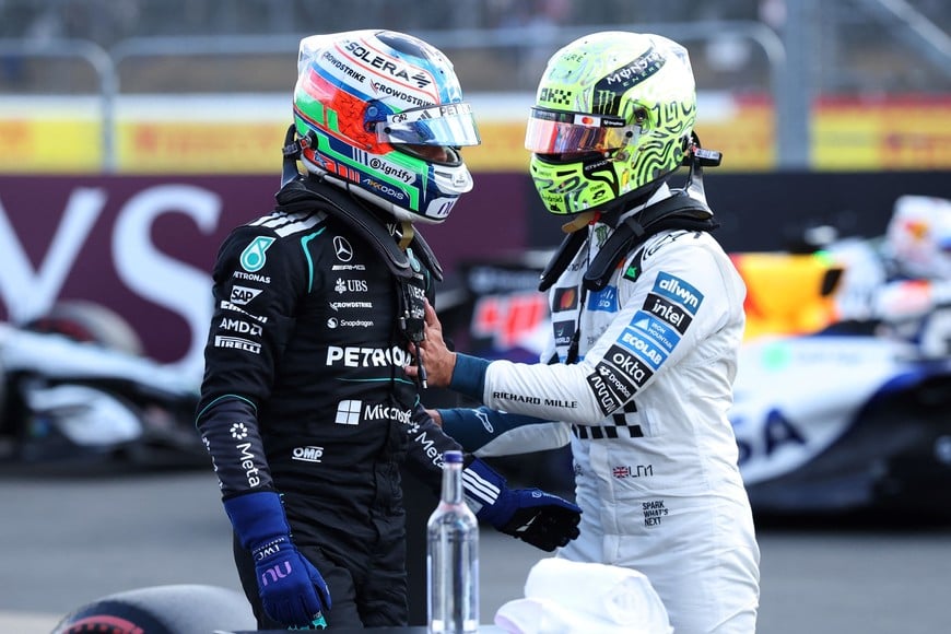 Formula One F1 - British Grand Prix - Silverstone Circuit, Silverstone, Britain - July 4, 2026
Mercedes' Andrea Kimi Antonelli celebrates after qualifying in pole position with McLaren's Lando Norris who placed sixth REUTERS/Andrew Boyers
