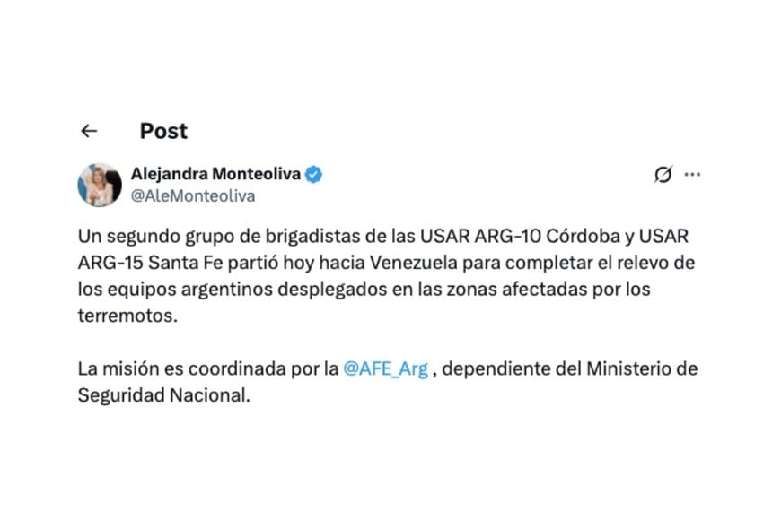 El posteo de Monteoliva en X.