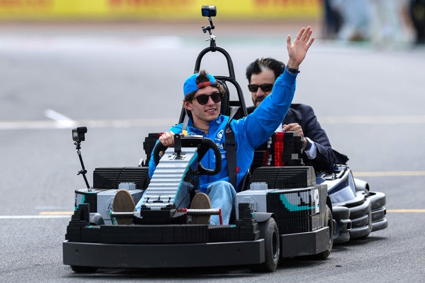 Formula One F1 - British Grand Prix - Silverstone Circuit, Silverstone, Britain - July 5, 2026
Mercedes' Andrea Kimi Antonelli and FIA president Mohammed Ben Sulayem in cars made of Lego blocks ahead of the race REUTERS/Andrew Boyers