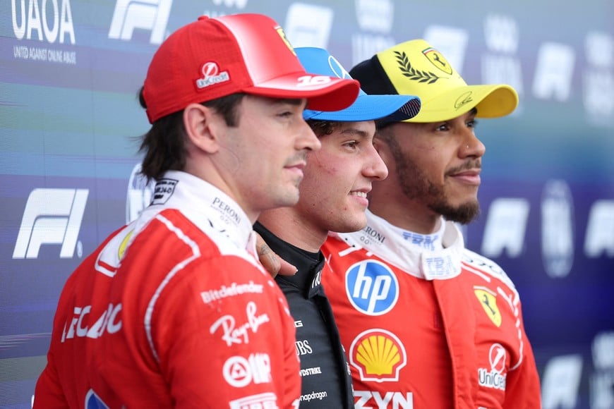 Formula One F1 - British Grand Prix - Silverstone Circuit, Silverstone, Britain - July 4, 2026
Mercedes' Andrea Kimi Antonelli celebrates after qualifying in pole position with second place Ferrari's Charles Leclerc and third place Ferrari's Lewis Hamilton REUTERS/Andrew Boyers