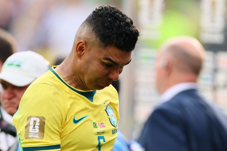 Soccer Football - FIFA World Cup 2026 - Round of 16 - Brazil v Norway - New York New Jersey Stadium, East Rutherford, New Jersey, U.S. - July 5, 2026
Brazil's Casemiro looks dejected after the match as Brazil are eliminated from the World Cup IMAGN IMAGES via Reuters/Caean Couto