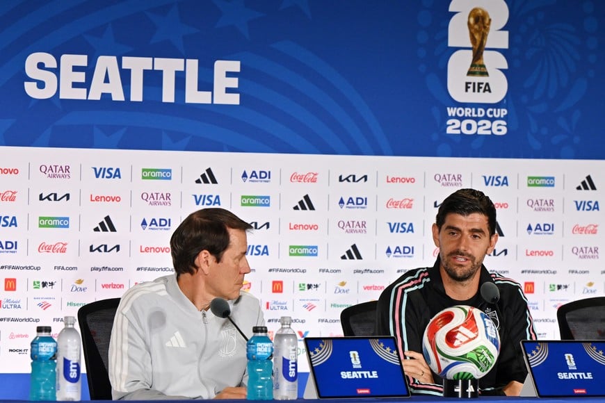 Soccer Football - FIFA World Cup 2026 - Belgium Press Conference - Seattle Stadium, Seattle, Washington, U.S. - July 5, 2026
Belgium's Thibaut Courtois and coach Rudi Garcia during the press conference IMAGN IMAGES via Reuters/Steven Bisig