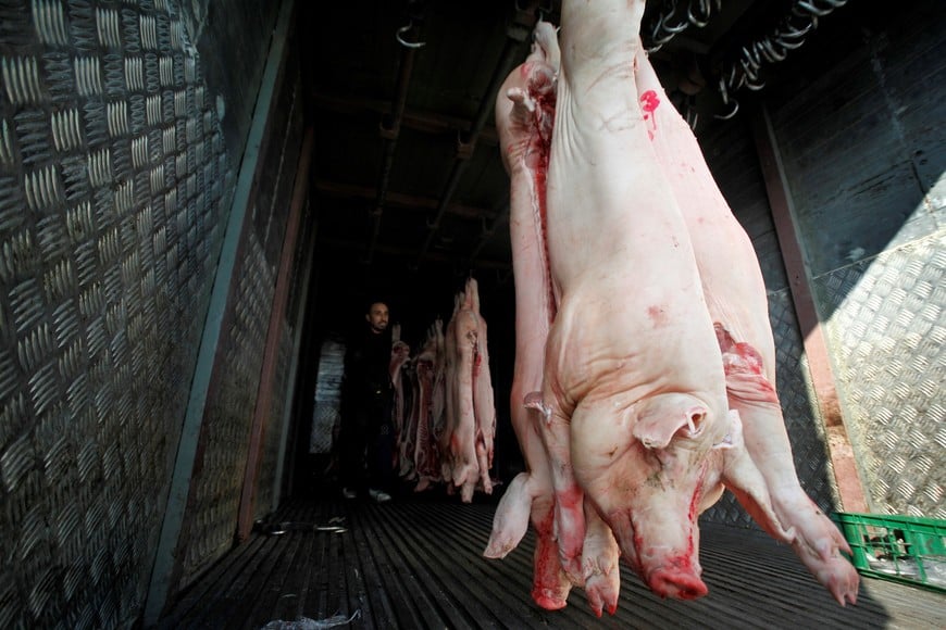 Pieces of pork meat hang inside a truck in a market in Santiago, Chile July 25, 2017. REUTERS/Ivan Alvarado santiago de chile frigorifico carne de cerdo en santiago de chile carne de cerdo