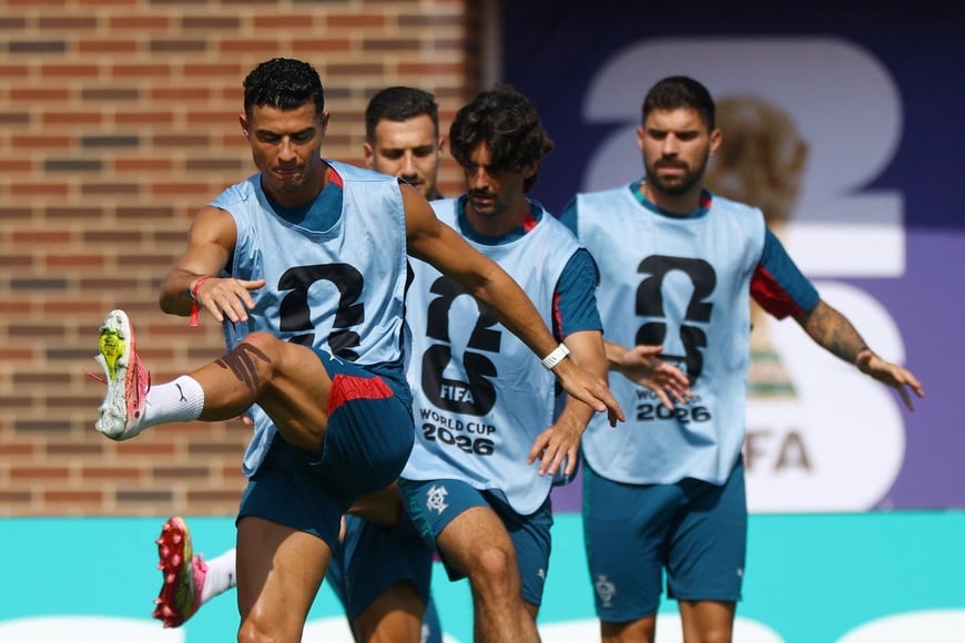 Soccer Football - FIFA World Cup 2026 - Portugal Training - Southern Methodist University, Dallas, Texas, U.S. - July 5, 2026
Portugal's Cristiano Ronaldo and teammates during training REUTERS/Hannah Mckay