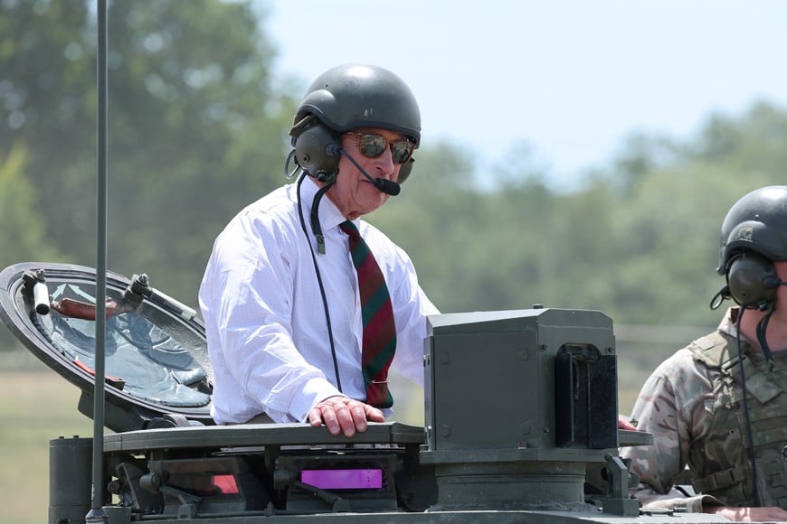 BOVINGTON, DORSET - JULY 06: King Charles III rides in a Challenger 3 Main Battle Tank during The Royal Tank Regiment's Families' Day at the Tank Museum on July 06, 2026 in Bovington, Dorset. Chris Jackson/Pool via REUTERS