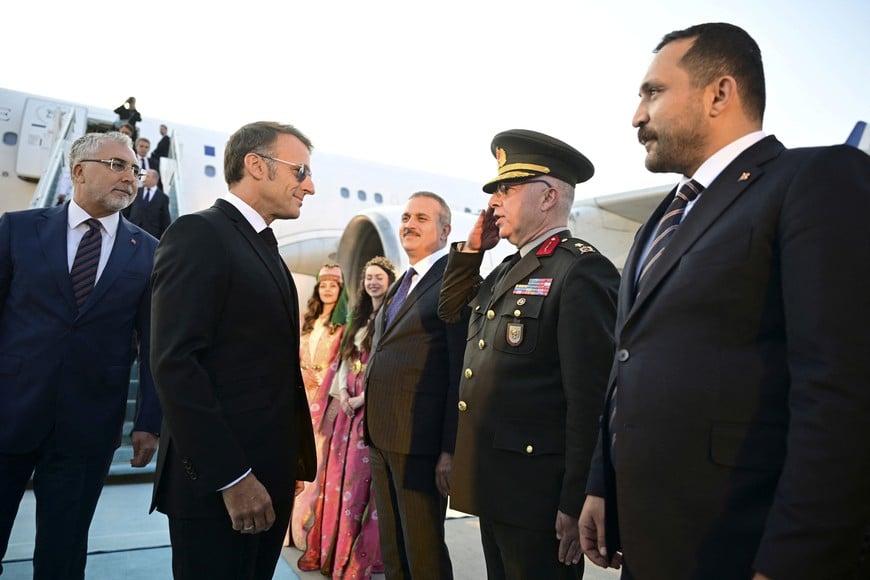 ANKARA, TURKIYE - JULY 7: French President Emmanuel Macron arrives at Esenboga Airport for the 36th NATO Heads of State and Government Summit in Ankara, Turkey, on July 7, 2026. Mehmet Futsi/Pool via REUTERS