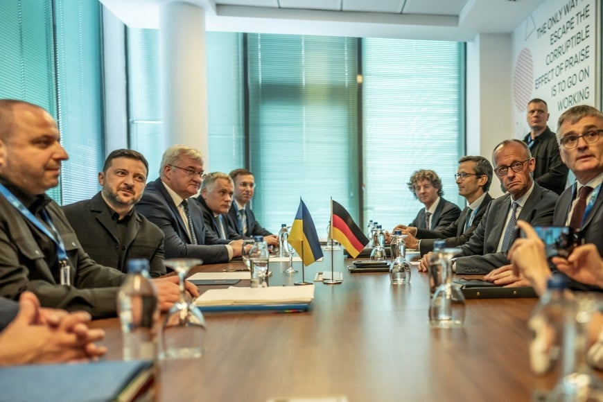 German Chancellor Friedrich Merz and Ukraine's President Volodymyr Zelenskiy attend a bilateral meeting on the sidelines of the NATO leaders' summit in Ankara, Turkey, July 7, 2026. Michael Kappeler/Pool via REUTERS