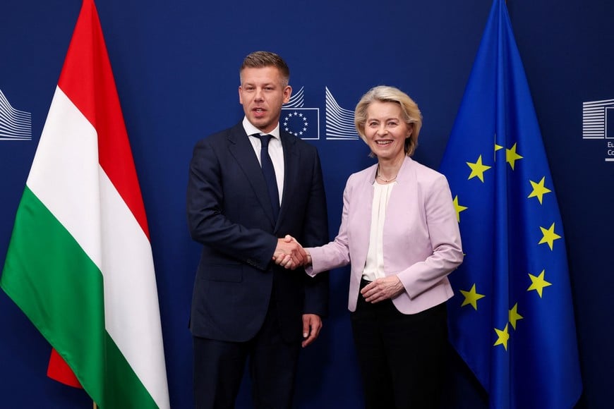 Hungarian Prime Minister Peter Magyar and European Commission President Ursula von der Leyen shake hands as they meet, in Brussels, Belgium, May 29, 2026. REUTERS/Omar Havana TPX IMAGES OF THE DAY