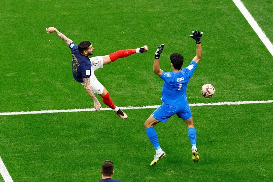Soccer Football - FIFA World Cup Qatar 2022 - Semi Final - France v Morocco - Al Bayt Stadium, Al Khor, Qatar - December 14, 2022
France's Theo Hernandez scores their first goal REUTERS/Peter Cziborra