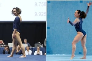 Ohashi en el final de su rutina perfecta de suelo, en enero de 2019 durante el Collegiate Challenge; y semanas atrás, cuando volvió a competir en el American Classic, con el mismo estilo y mayor aplomo. Fotos: Gentileza UCLA Athletics / USA Gymnastics