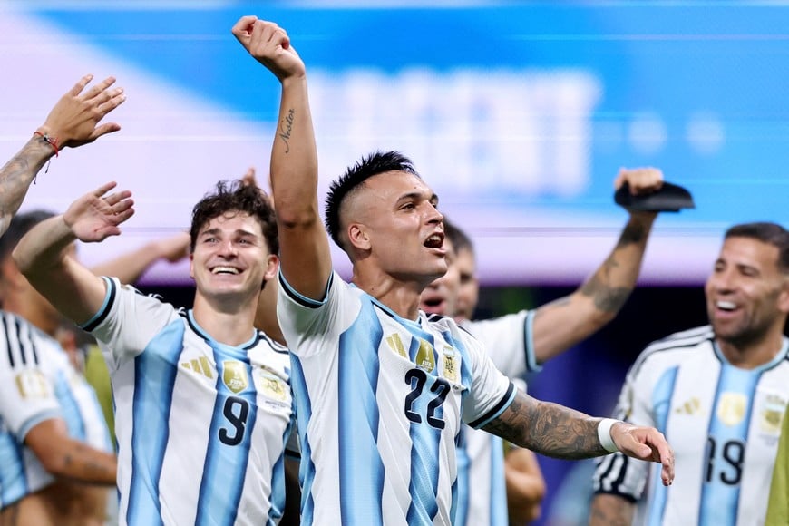 Soccer Football - FIFA World Cup 2026 - Round of 16 - Argentina v Egypt - Atlanta Stadium, Atlanta, Georgia, U.S. - July 7, 2026
Argentina's Lautaro Martinez and Julian Alvarez celebrate after the match as Argentina qualify for the quarter finals of the World Cup IMAGN IMAGES via Reuters/Brett Davis