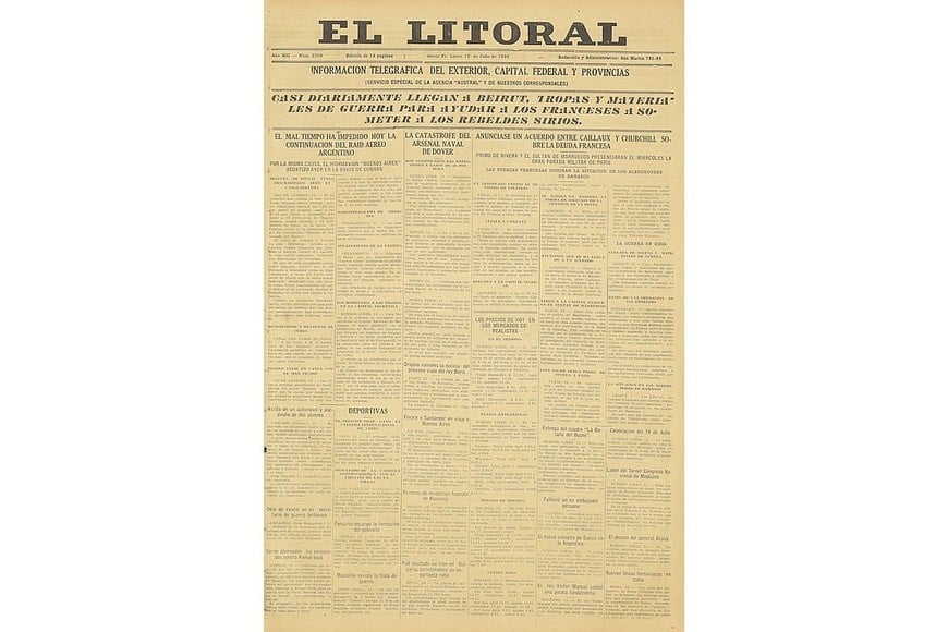 Portada de la edición del 12 de julio de 1926 de diario El Litoral.