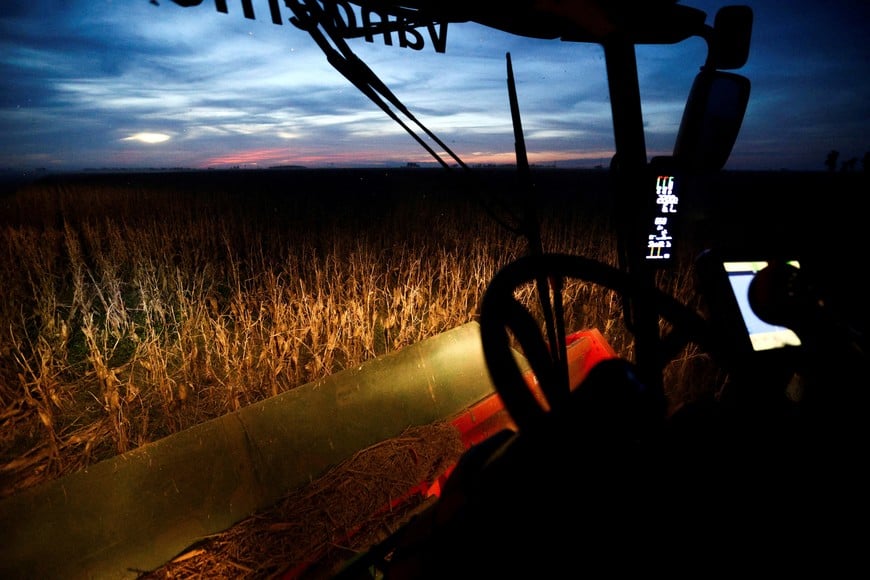 FILE PHOTO: A harvester works on a corn field, in Marcos Juarez, Cordoba, Argentina April 20, 2024. REUTERS/Matias Baglietto/File Photo