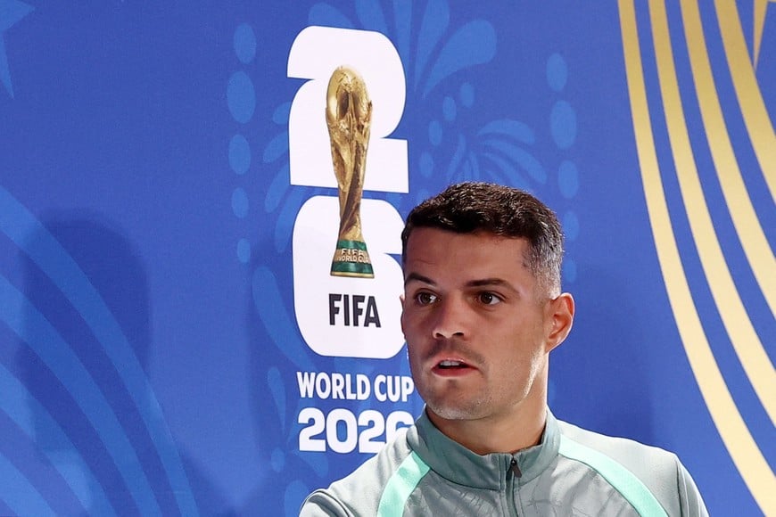 Soccer Football - FIFA World Cup 2026 - Switzerland Press Conference - Kansas City Stadium, Kansas City, Missouri, U.S. - July 10, 2026
Switzerland's Granit Xhaka during the press conference REUTERS/Lee Smith