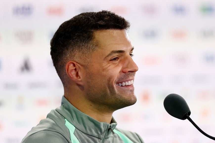 Soccer Football - FIFA World Cup 2026 - Switzerland Press Conference - Kansas City Stadium, Kansas City, Missouri, U.S. - July 10, 2026
Switzerland's Granit Xhaka during the press conference REUTERS/Lee Smith