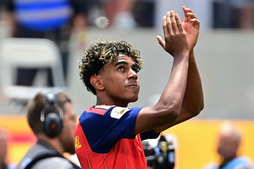 Soccer Football - FIFA World Cup 2026 - Quarter Final - Spain v Belgium - Los Angeles Stadium, Inglewood, California, U.S. - July 10, 2026
Spain's Lamine Yamal celebrates after the match as Spain qualify for the semi final stage of the World Cup IMAGN IMAGES via Reuters/Gary Vasquez