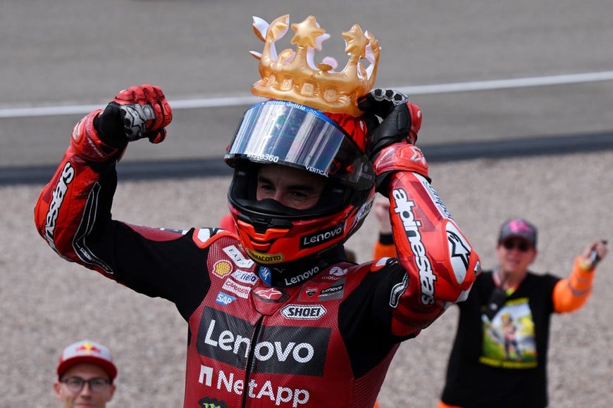 MotoGP - German Grand Prix - Sachsenring, Hohenstein-Ernstthal, Germany - July 12, 2026
Ducati Lenovo Team's Marc Marquez celebrates after winning the MotoGP race REUTERS/Annegret Hilse