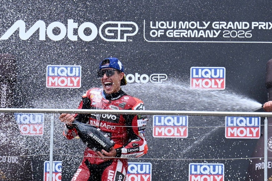 MotoGP - German Grand Prix - Sachsenring, Hohenstein-Ernstthal, Germany - July 12, 2026
Ducati Lenovo Team's Marc Marquez celebrates on the podium after winning the MotoGP race REUTERS/Annegret Hilse TPX IMAGES OF THE DAY
