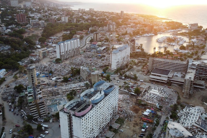 A drone view shows debris of collapsed buildings, in the aftermath of the June 24 earthquakes, in La Guaira, Venezuela July 12, 2026. REUTERS/Pablo Sanhueza