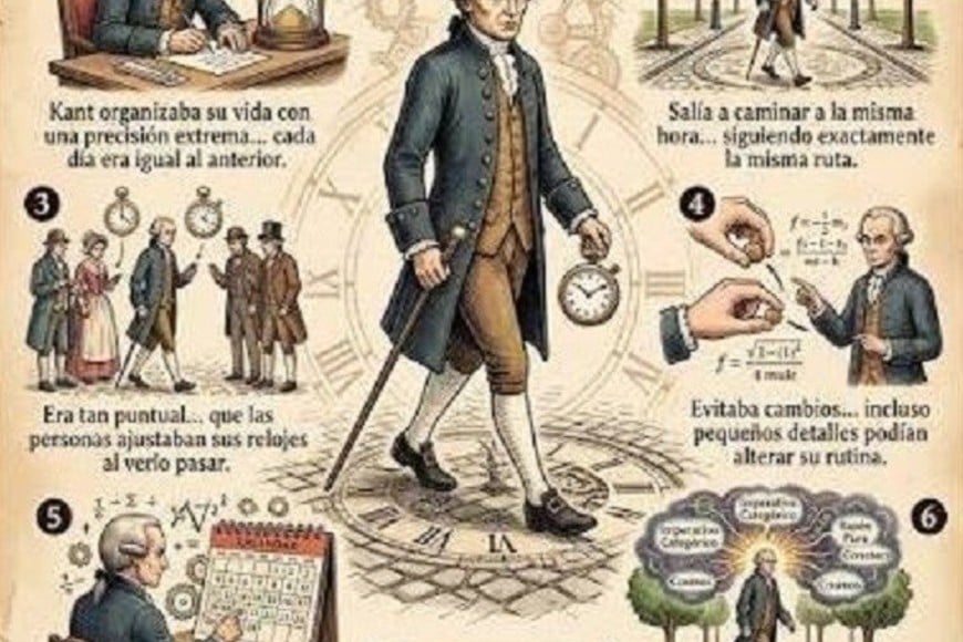 Ilustración titulada "Vivía como un reloj". Representa en seis pasos la extraña vida de Inmanuel Kant, con detalles que pocos conocen (como se anuncia en el encabezado del dibujo) y que el autor de la presente nota describe para reflejar el comportamiento de un virtuoso y preclaro pensador, ya legendario pero aún vigente, al que no duda en definir como "un académico tan disciplinado como solitario" .
Gentileza