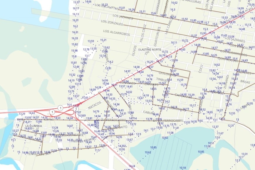Captura de pantalla del mapeo de cotas ING en el acceso a ruta 1, tomados del Geoportal de Infraestructura de Datos Espaciales de Santa Fe (IDESF).