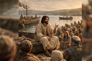 "Aquel día, salió Jesús de casa y se sentó junto al mar. Y acudió a él tanta gente que tuvo que subirse a una barca (...)"