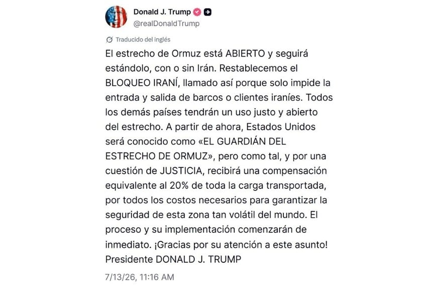 El mensaje de Trump en sus redes sociales.