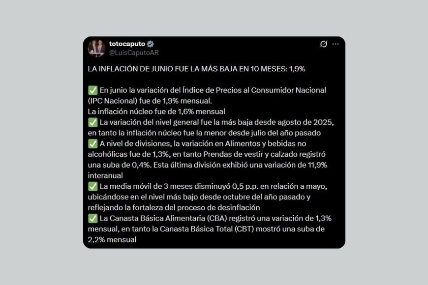 El mensaje de Luis Caputo en X.