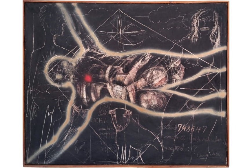 Muestra “Parte y Arte. Prácticas artísticas en Santa Fe durante los años 70 y 80”: Andrés Dorigo: “Recuerdo In Memoriam’ -serie ‘Huella y datos personales’, 1982, técnica mixta sobre tela, 120 x 150. Colección particular