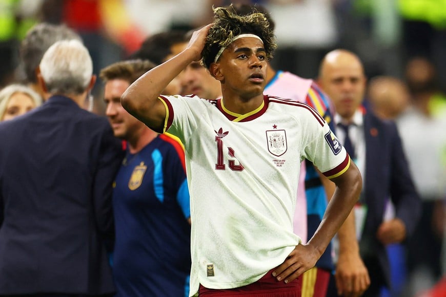 Soccer Football - FIFA World Cup 2026 - Semi Final - France v Spain - Dallas Stadium, Arlington, Texas, U.S. - July 14, 2026
Spain's Lamine Yamal celebrates after the match as they advance to the World Cup final REUTERS/Hannah Mckay