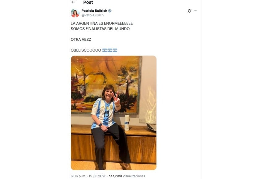 El posteo de Patricia Bullrich en X festejando el triunfo de Argentina.