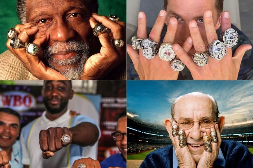 Logros deportivos en anillos: Bill Russell, el jugador de la NBA; Tom Brady, el jugador de la NFL; Terence Crawford, boxeador; y Yogi Berra beisbolista.