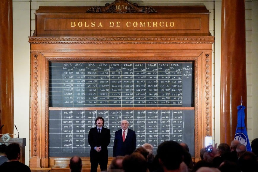 Argentine President Javier Milei and President of the Buenos Aires Stock Exchange Adelmo Gabbi sing the Argentine National Anthem during a ceremony commemorating the 172nd anniversary of the Buenos Aires Stock Exchange in Buenos Aires, Argentina, July 16, 2026. REUTERS/Mariana Nedelcu