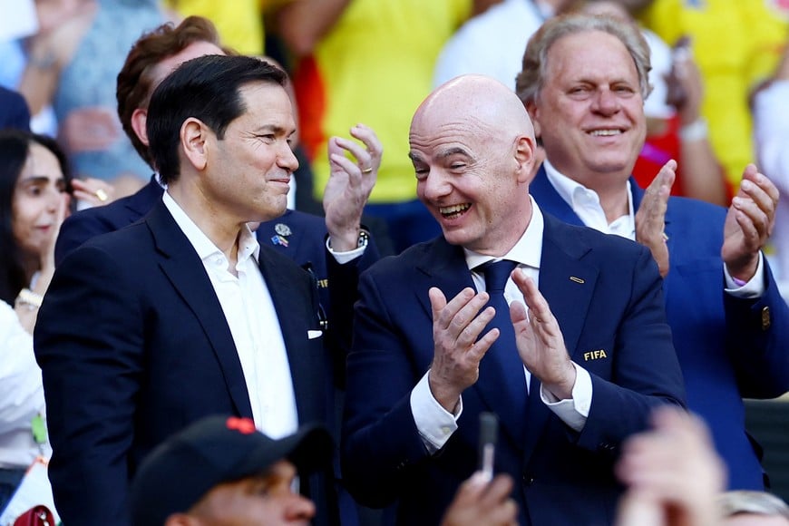 Soccer Football - FIFA World Cup 2026 - Group K - Colombia v Portugal - Miami Stadium, Miami Gardens, Florida, U.S. - June 27, 2026
FIFA President Gianni Infantino and U.S. Secretary of State Marco Rubio in the stands before the match REUTERS/Marco Bello