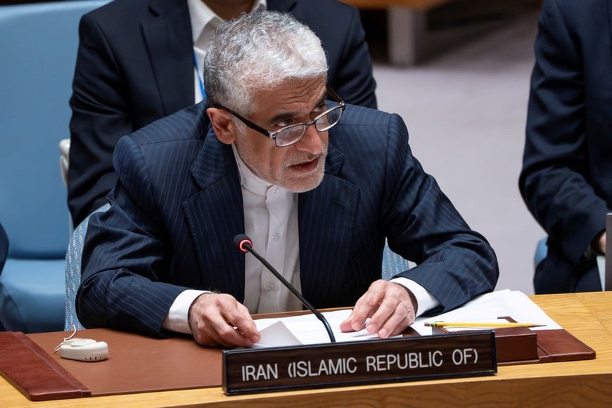 Iran's Ambassador and Permanent Representative to the United Nations Amir Saeid Iravani addresses delegates during a meeting of the United Nations Security Council, following U.S attack on Iran's nuclear sites, at UN headquarters in New York City, U.S., June 22, 2025. REUTERS/Eduardo Munoz