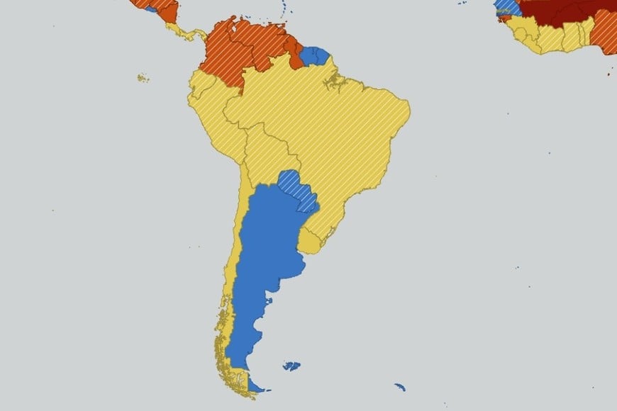 El mapa de Sudamérica entro de las valoraciones de riesgo del Departamento de Estado de EE.UU.